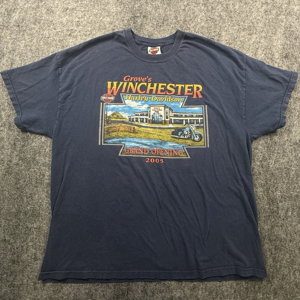 Vintage 2005 Harley Davidson T Shirt Mens 2XL Navy Winchester VA Grand Opening